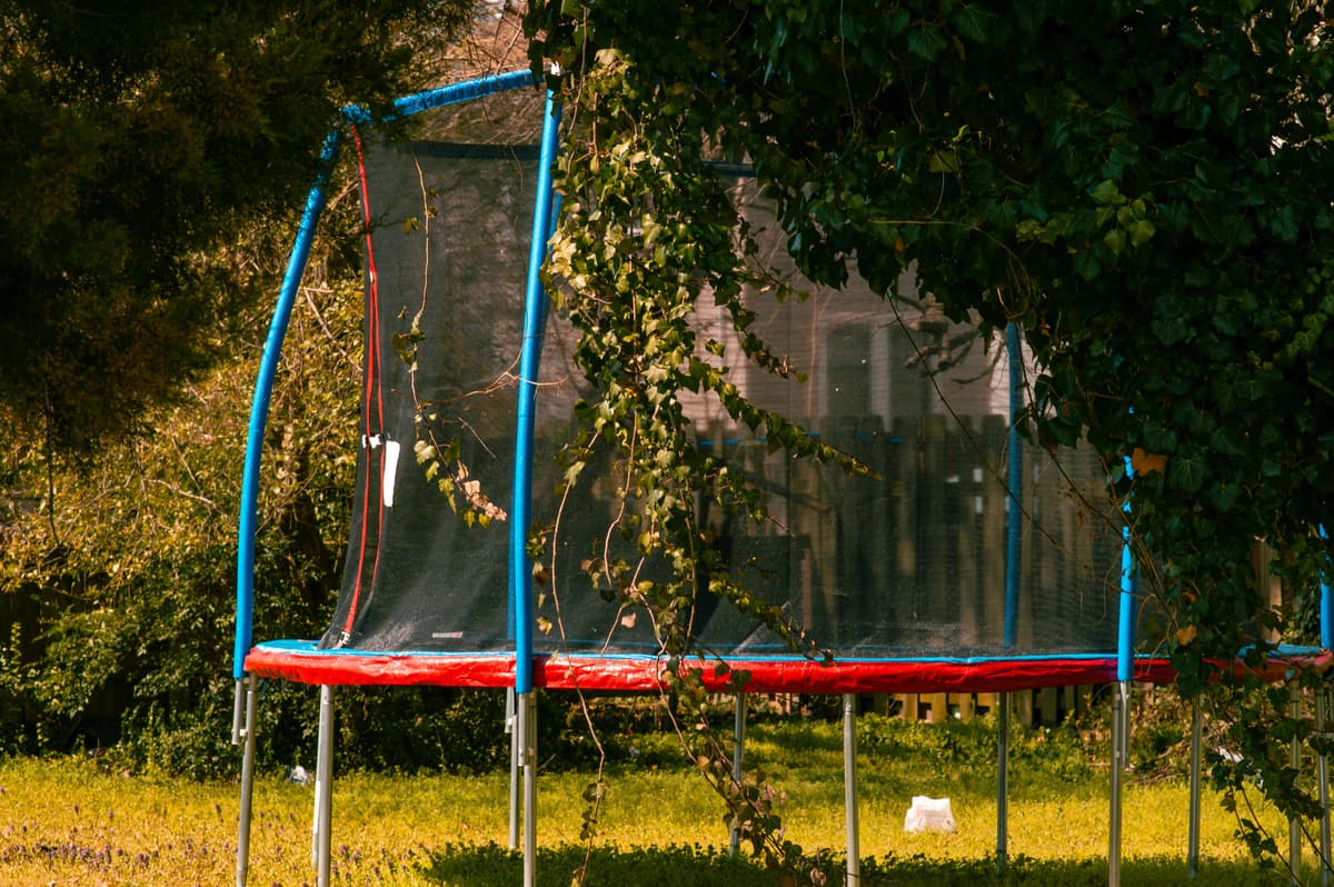hvordan velge trampoline: en rød trampoline som står i hagen