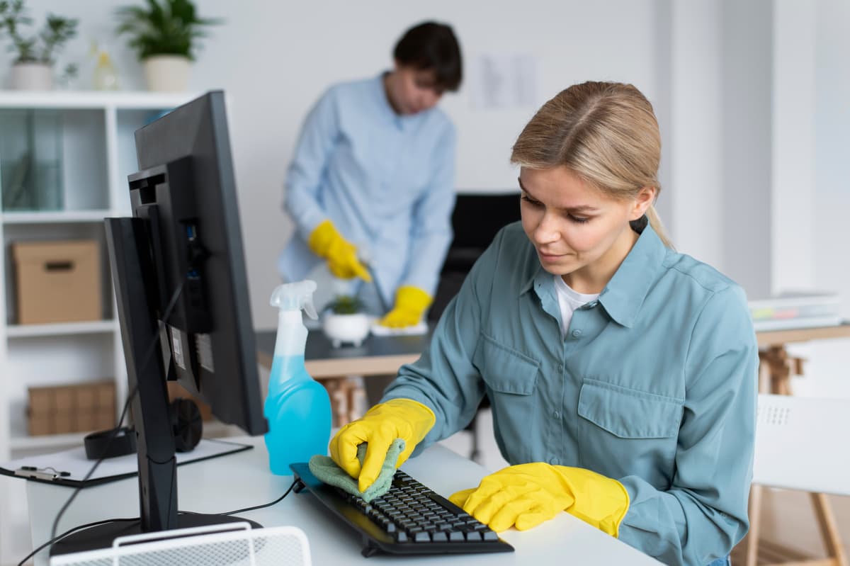 pc rengjøring: kvinne rengjøring tastatur