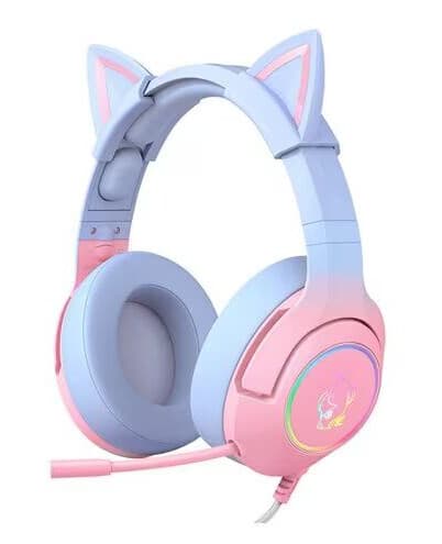 Onikuma Gaming-hodesett RGB med katteører og justerbar mikrofon rosa/blå