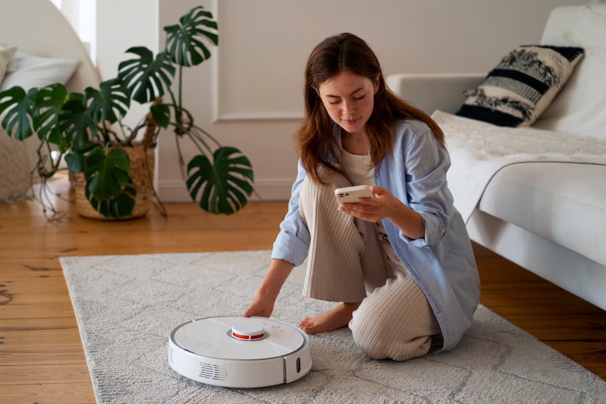 garanti robotstøvsuger: kvinne med en støvsuger