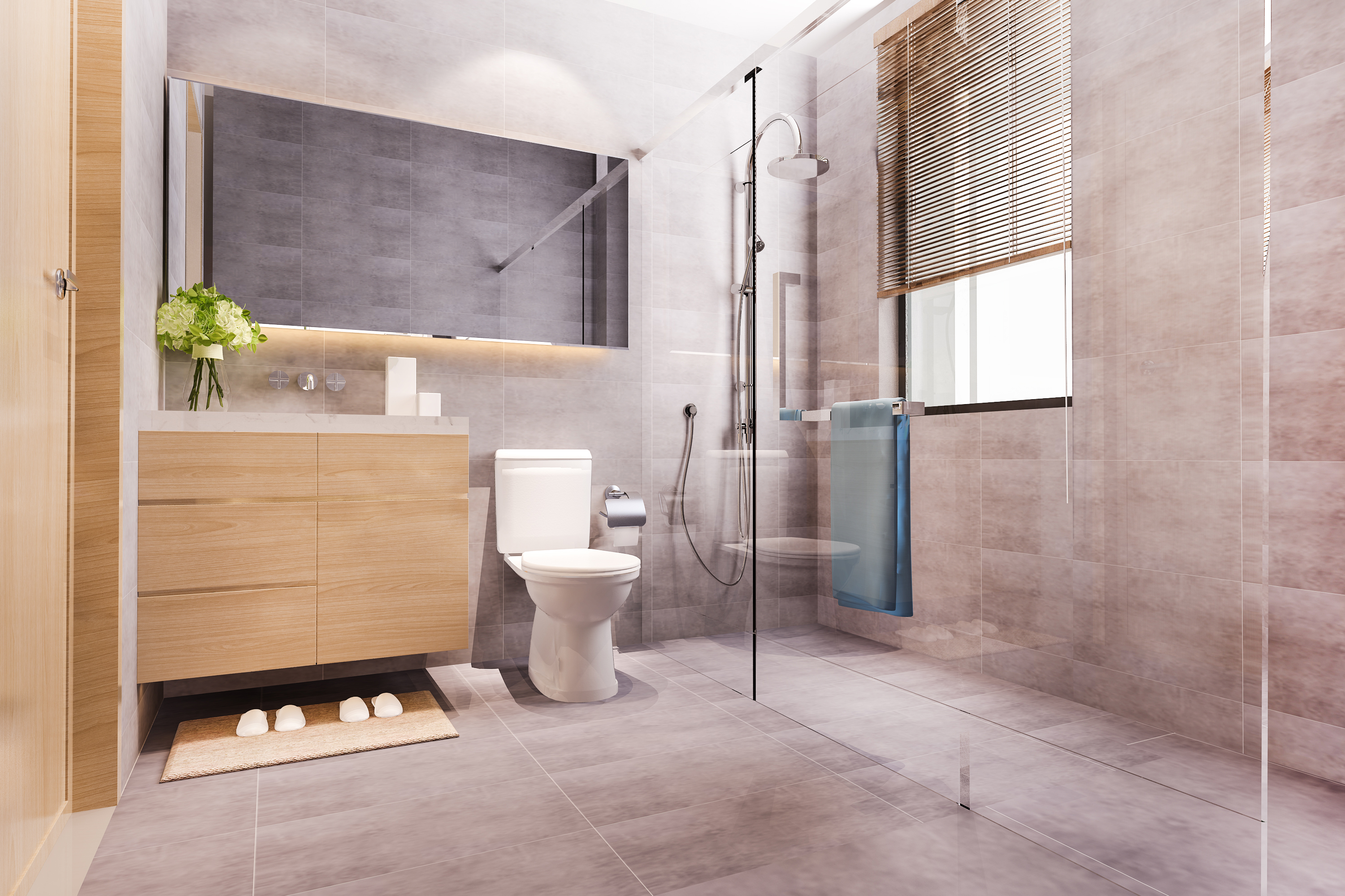 hvordan velge fliser til bad: bad med beige fliser