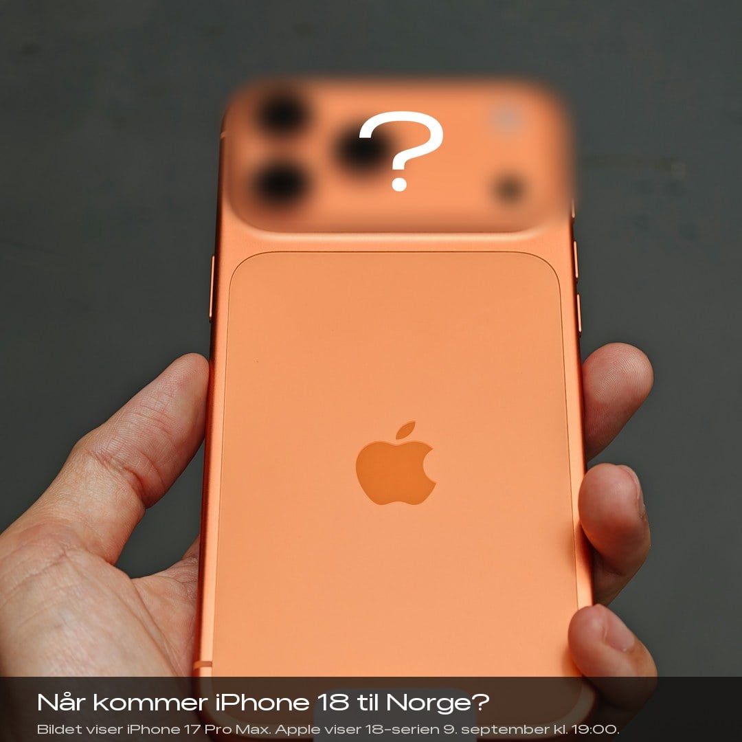 Rygg av iPhone 17 Pro Max i Cosmic Orange med kameraøya sløret og et spørsmålstegn over