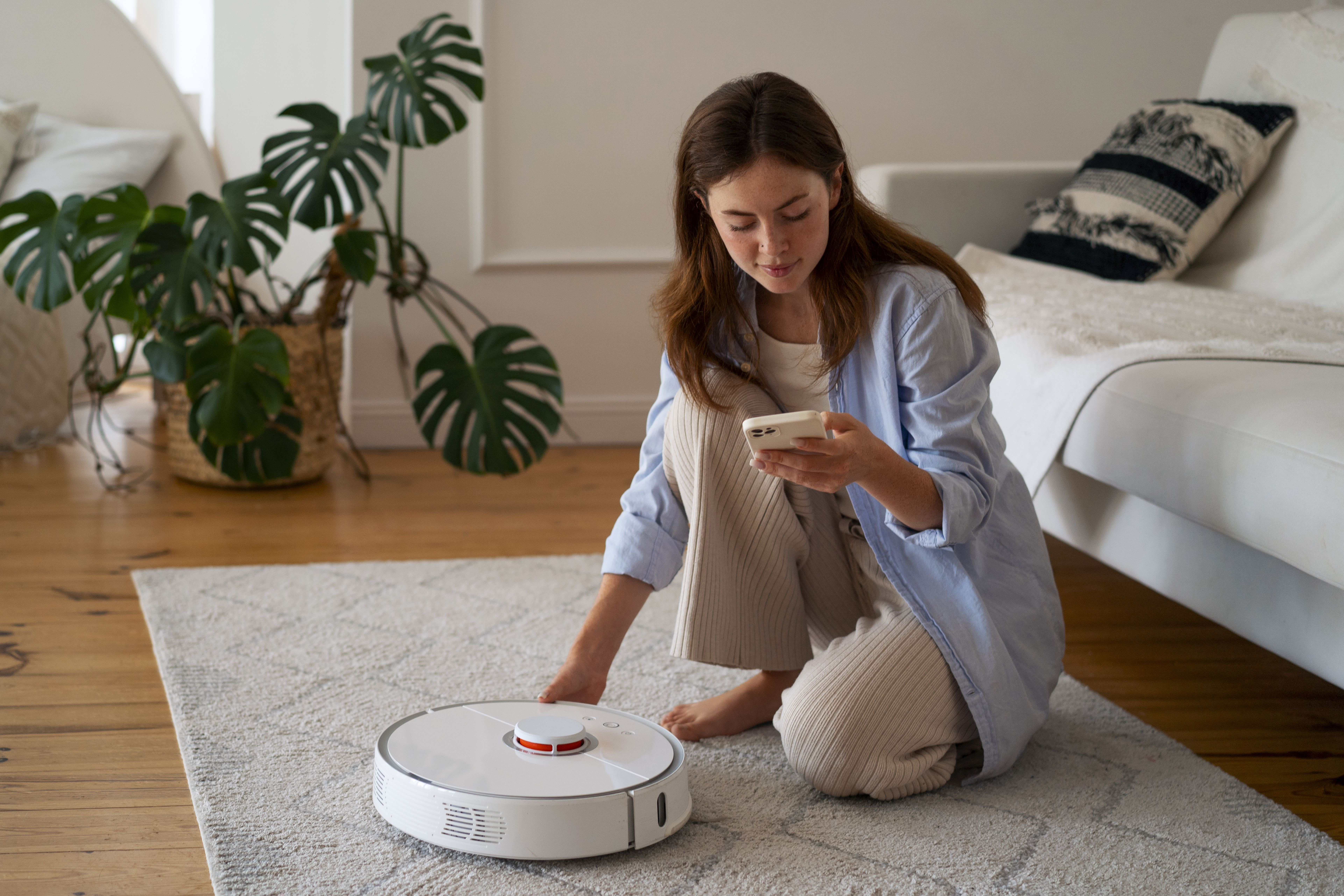 garanti robotstøvsuger: kvinne med en støvsuger