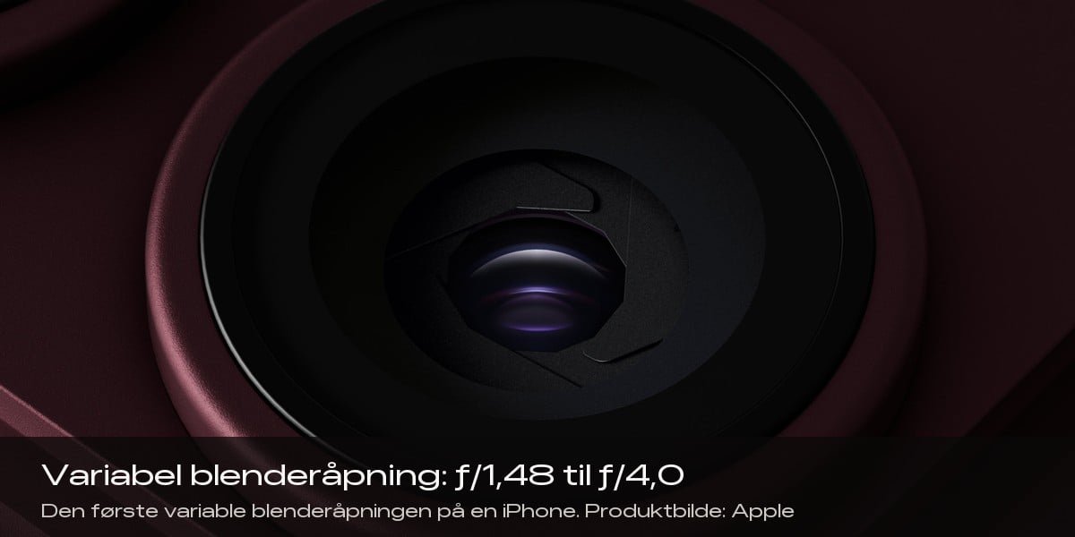 Nærbilde av hovedkameraet på iPhone 18 Pro med blenderlamellene synlige