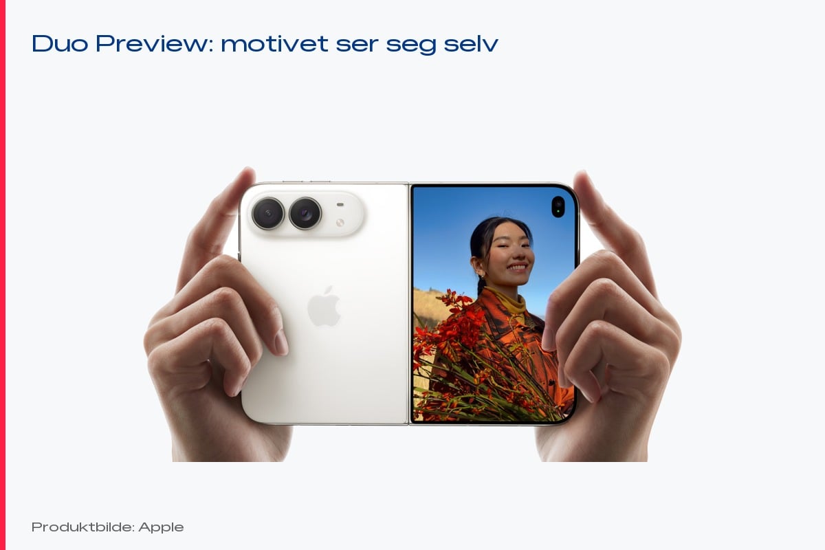 Hender holder iPhone Duo halvveis brettet mens frontskjermen viser motivet i sanntid