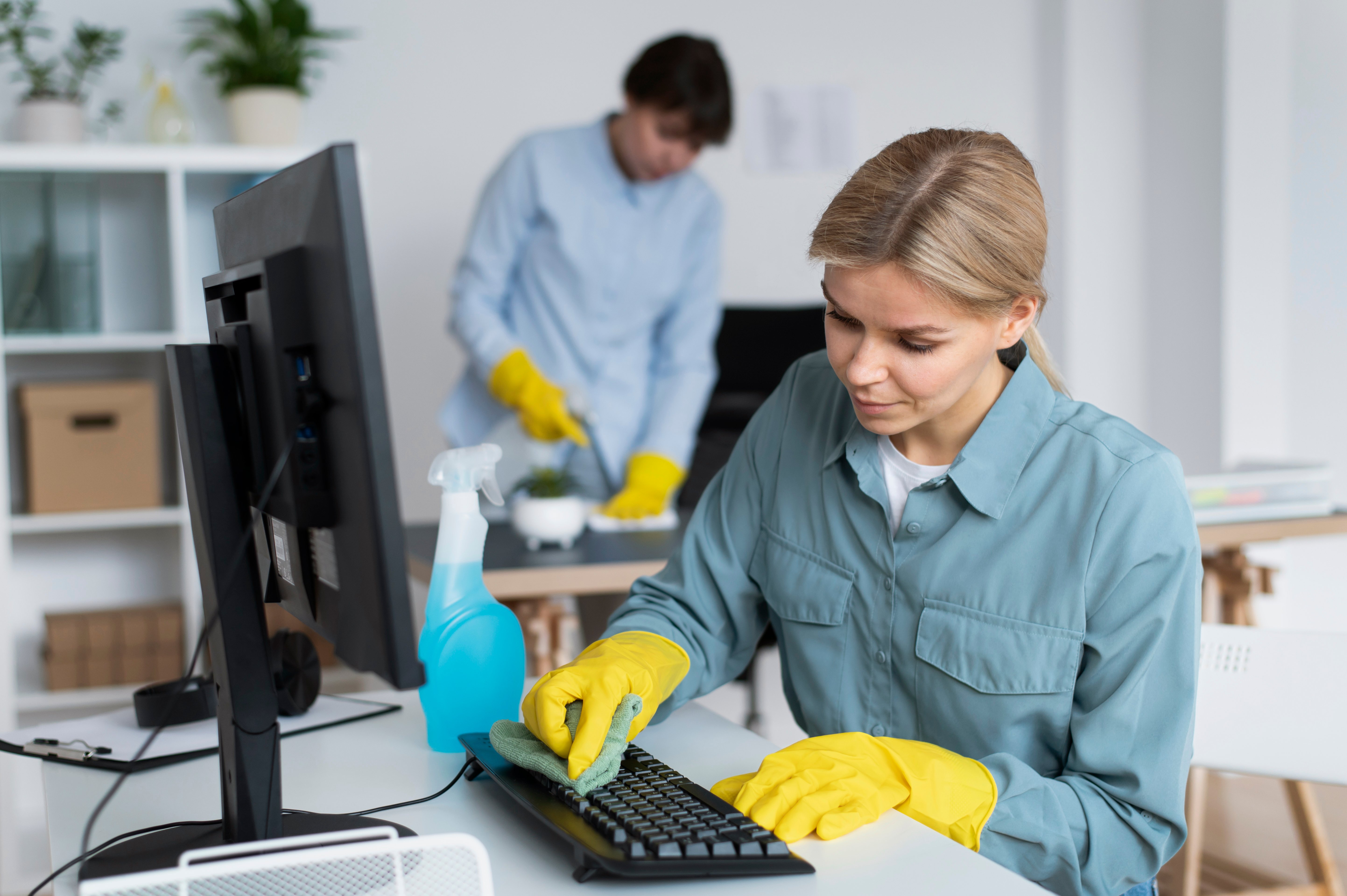 pc rengjøring: kvinne rengjøring tastatur