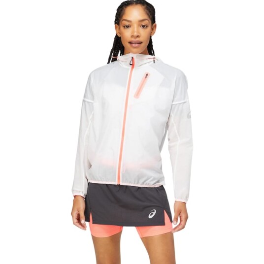 Asics Women's Fujitrail Jacket L, Brilliant White/Blazing Coral