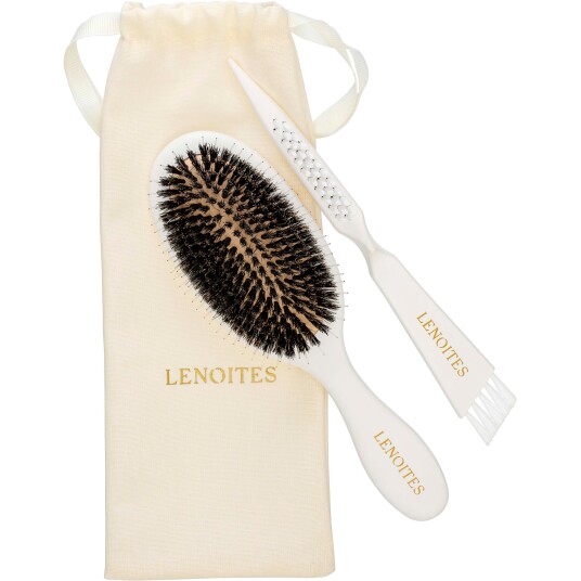 Lenoites Hair Brush Wild Boar With Pouch And Clean White