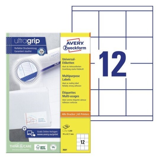 Avery Multipurpose etikett for generell bruk  Ultragrip  hvit 70 X 67,7 modell 3661