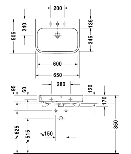 Duravit Happy D.2 Møbelservant 650x505 mm, 1 blanderhull, Wondergliss