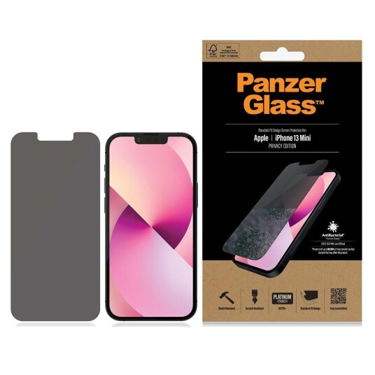 PanzerGlass iPhone 13 Mini PanzerGlass AntiBacterial Standard Fit Beskyttelsesglass- Case Friendly - Privacy - Svart Kant