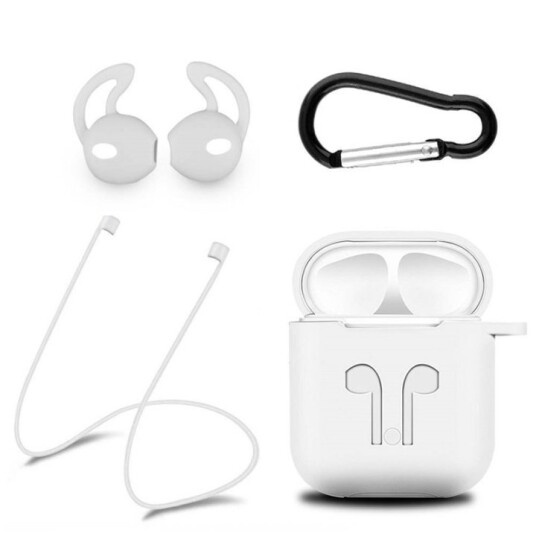 Silikonsett for Airpods, silikonetui, stropp, ørepropper i silikon, karabinkrok, hvit