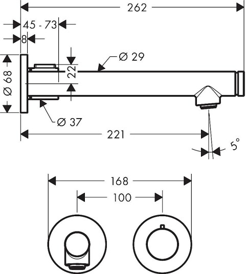 Axor Uno 2-hulls Servantbatteri Tutlengde 221 mm, Rustfritt Stål