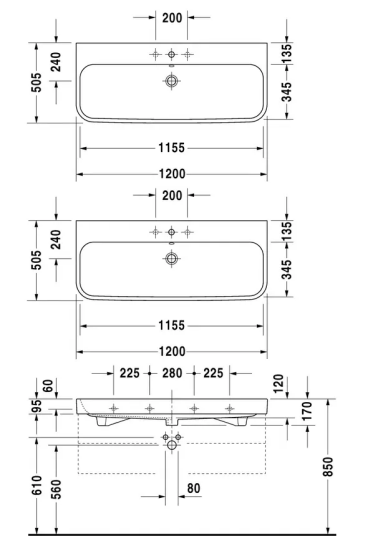 Duravit Happy D.2 Møbelservant 1200x505 mm, 1 blanderhull, Wondergliss