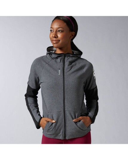 Reebok Womens Workout Ready Full Zip Hoodie - Dark Grey Heather - S