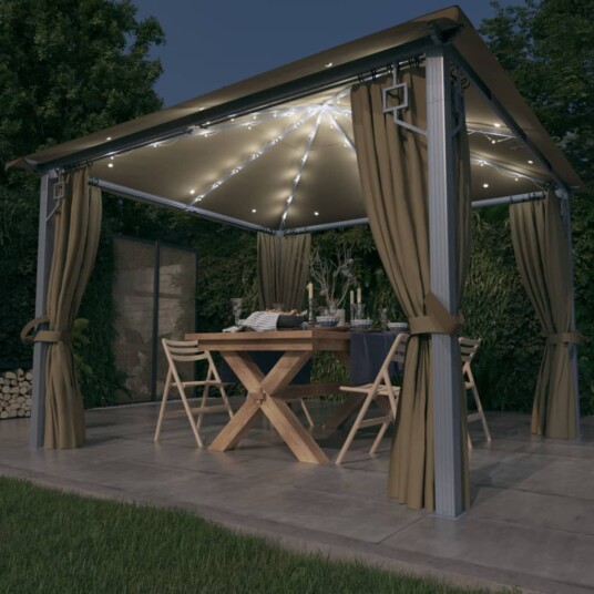 vidaXL Paviljong med gardin og LED-strenglys 3x3 m gråbrun aluminium