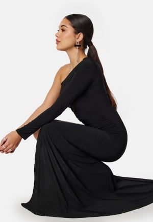 John Zack Long Sleeve One Shoulder Maxi Dress Black S XS  UK8 