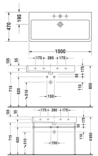 Duravit Vero Møbelservant 1000x470 mm, 3 blanderhull, Wondergliss