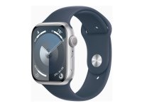 Apple Watch Series 9 (GPS) - 45 mm - sølvaluminium - smartklokke med sportsbånd - fluorelastomer - stormblå - båndbredde: S/M - 64 GB - Wi-Fi, UWB, Bluetooth - 38.7 g