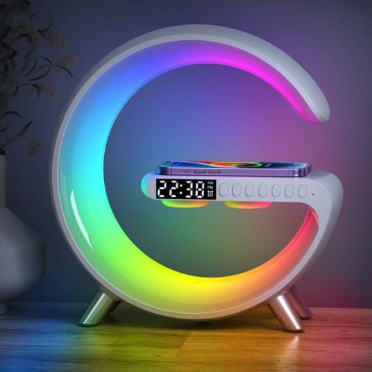 The Mood Charger Lampe Premium - Årets kuleste produkt - Lader, Klokke, Bluetooth Høyttaler, Led-Lampe - Hvit