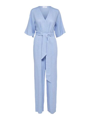 Selected Femme Viva 2/4 Long Linen Jumpsuit - Blue Heron 34