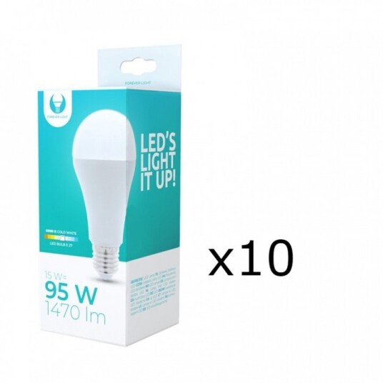 LED-lampe E27, A65, 15W, 230V, 6000K 10-pakning, kjølig hvit