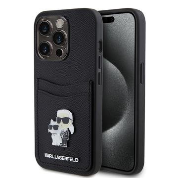 Karl Lagerfeld-Deksel Til Iphone 15 Pro 6.1" Klhcp15lsapkcnpk Svart Hardt Etui Saffiano-Kortspor Karl&Choupette Metallnål