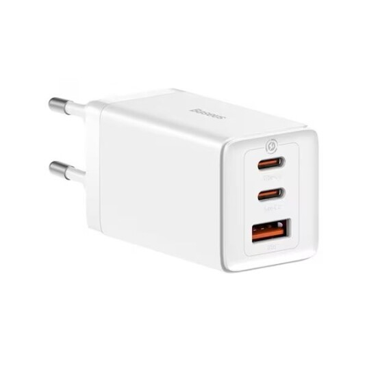 Baseus GaN USB-lader med 65W 2xUSB C 1xUSB og 100W USB-C-Kabel - Hvit