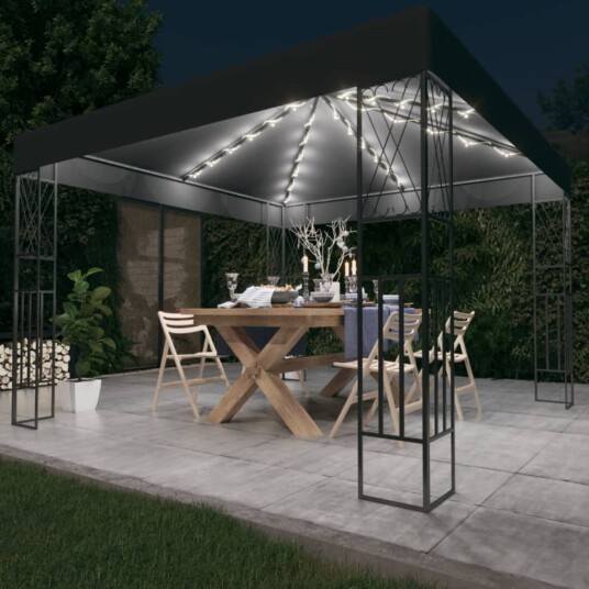 vidaXL Paviljong med LED-lysslynge 3x3 m antrasitt stoff