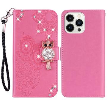 iPhone 15 Pro Uggle Rhinestone Lommebok-deksel Varm Rosa