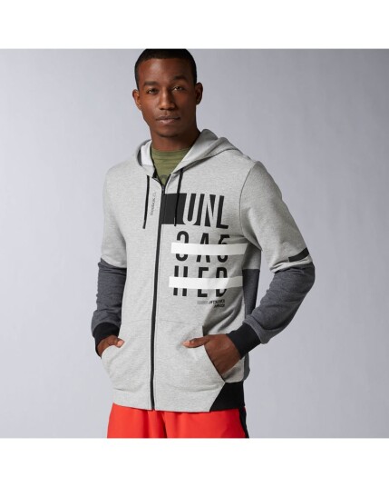 Reebok Mens Workout Ready Cotton Graphic Zip Hoodie - Medium Grey - XS