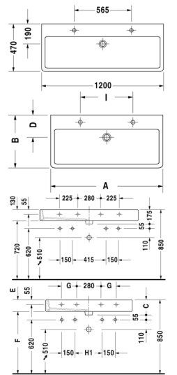 Duravit Vero Toppmontert servant 1200x470 mm, 3 blanderhull, Wondergliss