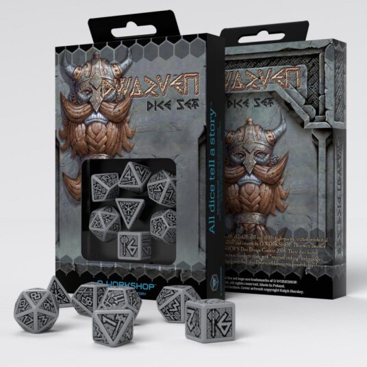 Dwarven Poly Gray /Black (7) Terningsett - Rollespill fra Outland