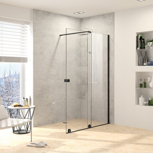 Alterna Pureday Walk-in Dusj med Klart Glass - B110-180cm Svart Matt / 110-120cm Høyre Hengslet