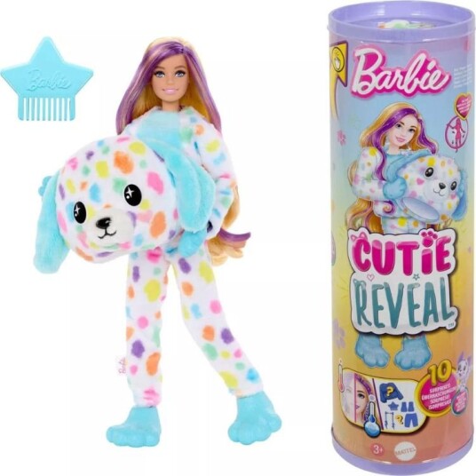 Barbie Cutie Reveal Dalmatian dukke med regnbue-prikket hundekostyme