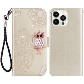 iPhone 15 Pro Ugle Rhinestone Lommebok-deksel Gull