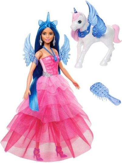 Barbie Alicorn-dukke med blått hår, rosa kjole og alicorn-kjæledyr