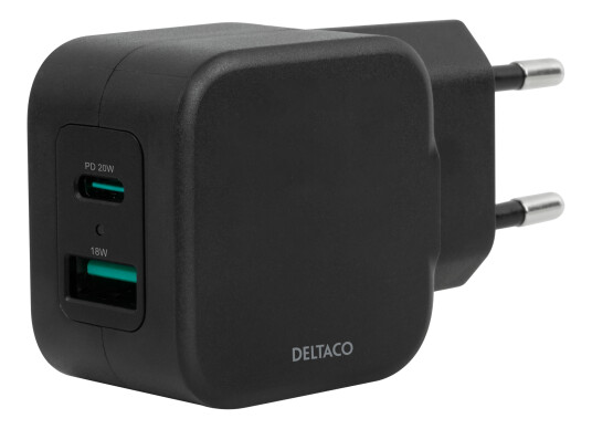 Deltaco Dual Usb Wall Charger, Usb-A & Usb-C Power Delivery 20 W, Black