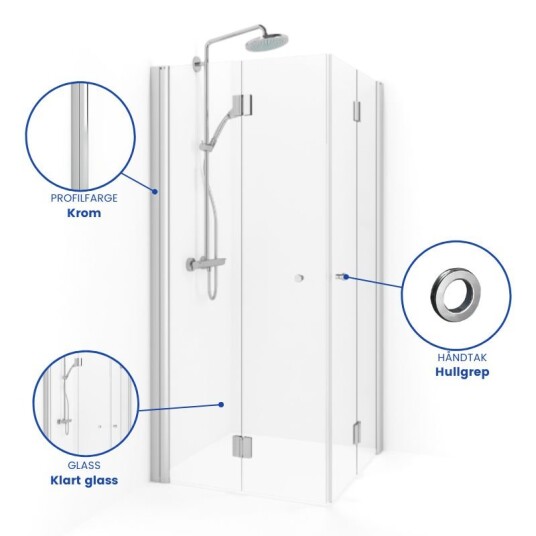 Macro Spirit Dusjhjørne Vik Rett 100x100 cm, Krom/Klart Glass