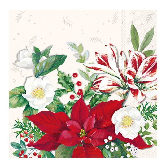 IHR - Serviett Christmas Florals 33x33 cm 20 stk hvit/rød