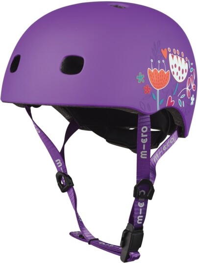 Micro PC Floral Purple Hjelm M (52-56cm) justerbar sykkelhjelm, lilla med LED-lys