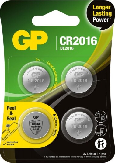 GP Knappcelle litium CR2016, 4-pakning