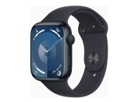 Apple Watch Series 9 (GPS) - 45 mm - midnattsaluminium - smartklokke med sportsbånd - fluorelastomer - midnatt - båndbredde: S/M - 64 GB - Wi-Fi, UWB, Bluetooth - 38.7 g