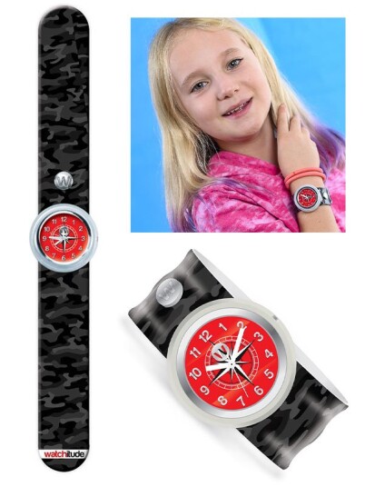 Watchitude Slap Watch Black Ops armbåndsur slapwrap svart og rød analog klokke kamuflasje