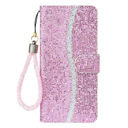 INCOVER Samsung Galaxy A34 (5G) Kunstskinn Deksel med Lommebok og Stropp - Glitter Design - Rosa