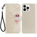 iPhone 15 Pro Ugle Rhinestone Lommebok-deksel Gull